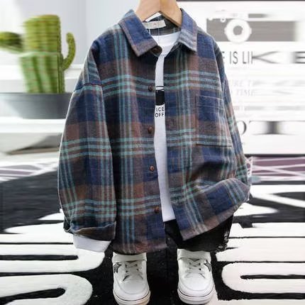 Boys' Loose Plaid Shirt Autumn 2023 New Children's Autumn Long Sleeve Shirt Large Children's Spring and Autumn Coat Trendy