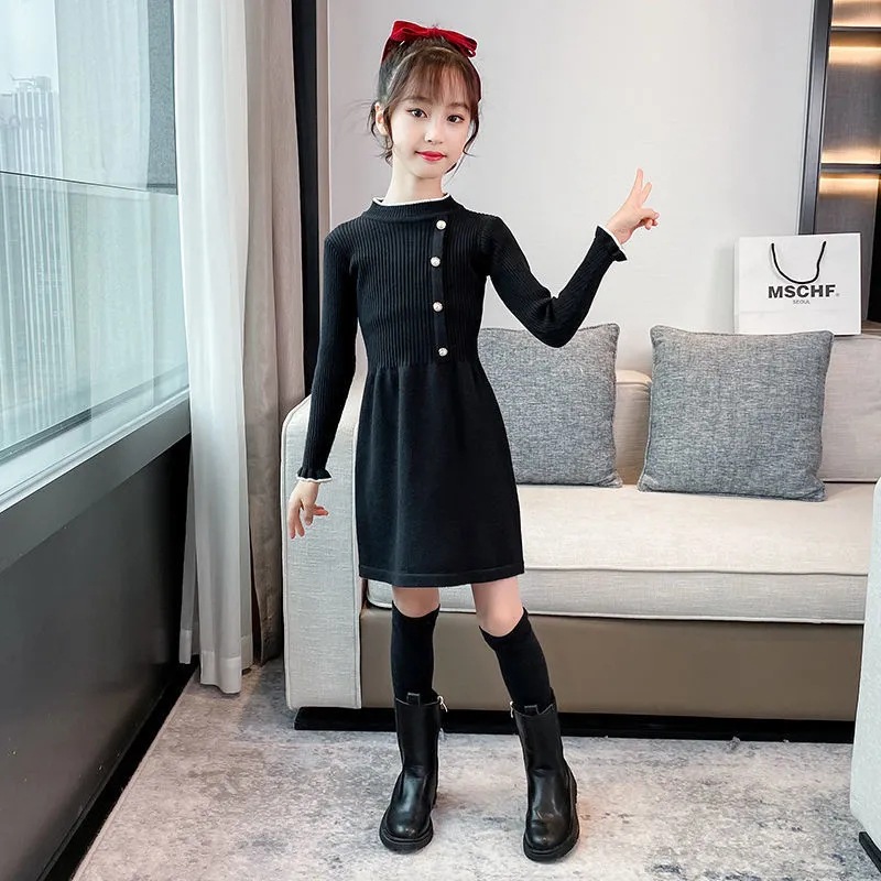 Girls' Spring and Autumn dress New Sweater Dress for Big Children Retro Knitted Skirt Western Style Girls' Knitted Princess Skirt