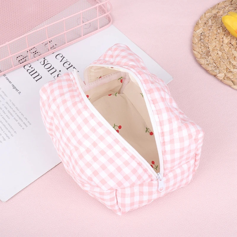 Picture of Sweet Cherry Printed Cosmetic Bag Plaid Fabric Macaron Color Makeup Bag Girl's Toiletries Storage Bag