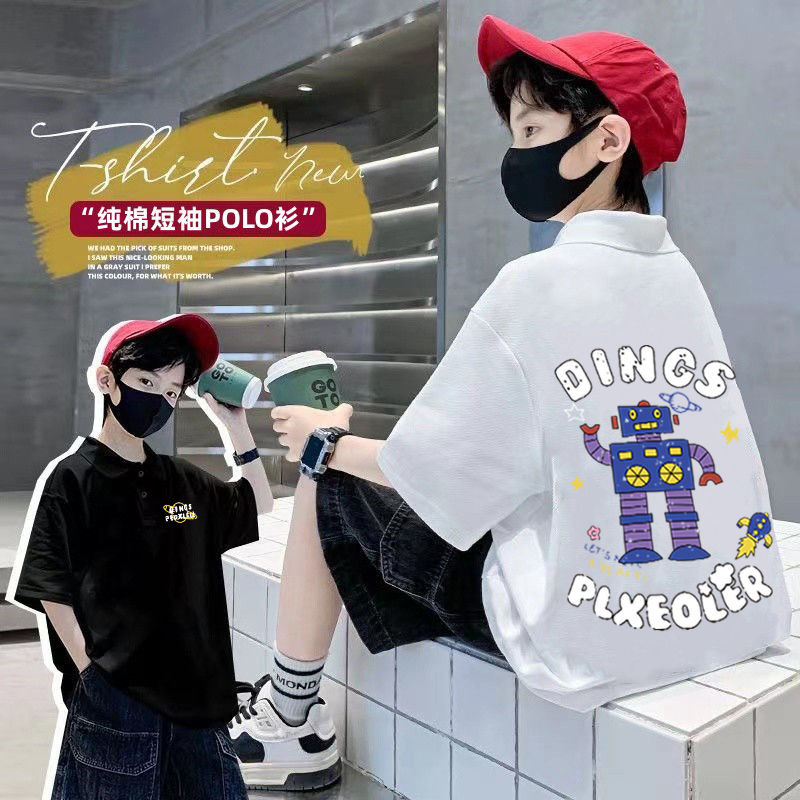 100% Cotton Boys' POLO collar summer children's clothing handsome boys' half sleeve round neck T-shirt middle and big children's fashion top
