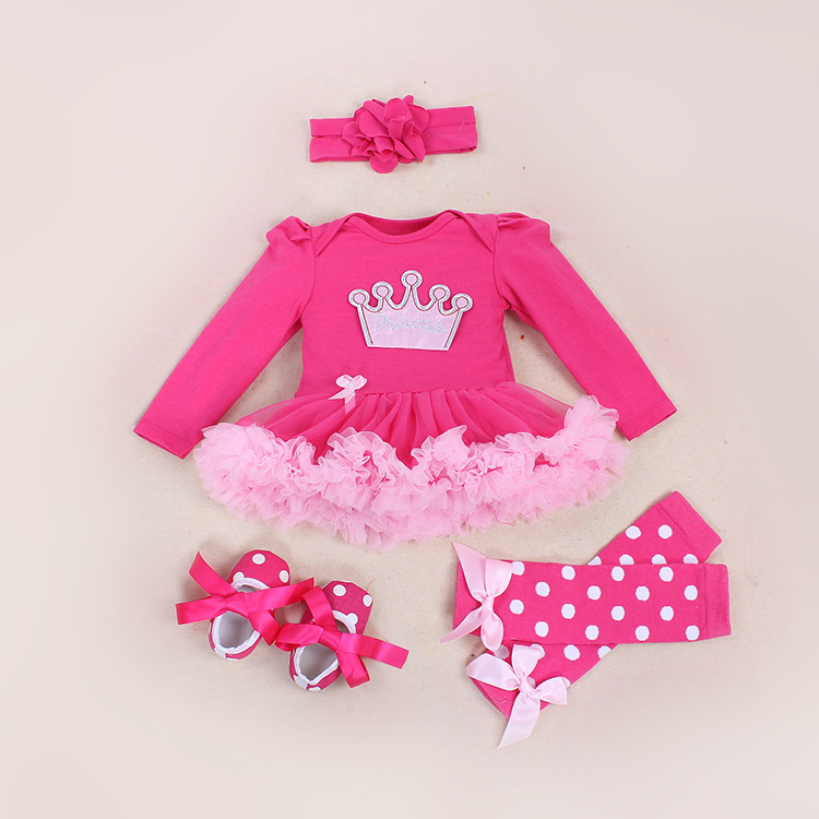 Picture of Cross-border foreign trade baby long-sleeved one-piece dress baby pink yarn dress socks suit girls' holiday children's dress 4-piece set