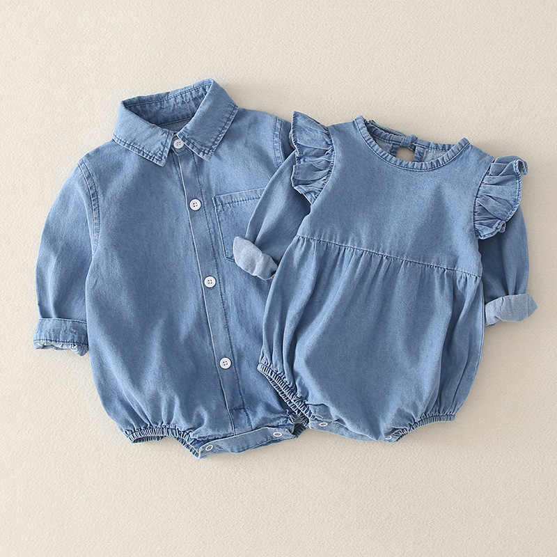 Picture of Baby jumpsuit spring and autumn dress baby girl denim shirt outer wear triangle climbing suit 5 princess 6 ha clothes 3 months 9