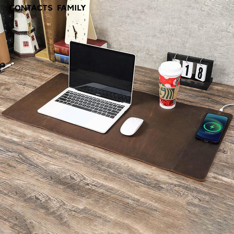 Retro Brown Cowhide Mouse Pad Oversized Dirt-Resistant Waterproof Belt 15W Wireless Leather Computer Office Mat