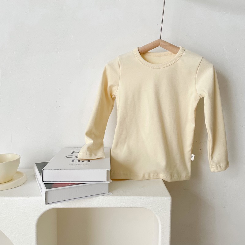 Picture of 2023 Children's Cotton Long-sleeved T-shirt Base Shirt Spring and Autumn Loose Solid Color Round Neck Sanding Top for Boys and Girls