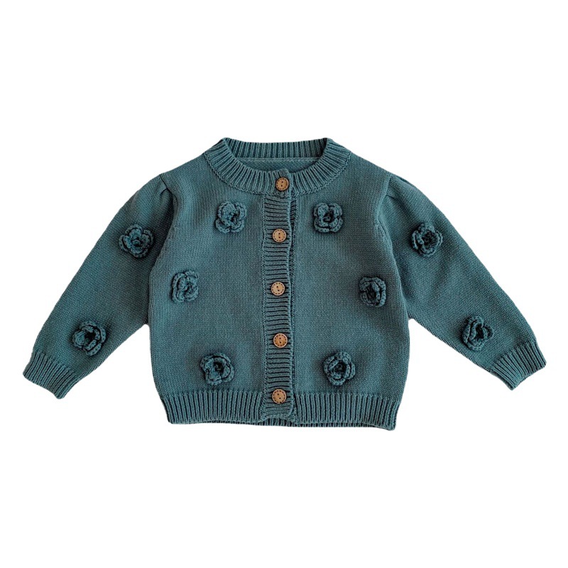 2025 Autumn Infants and Toddlers 0-3 Years Old Baby Girl Handmade Flower Knitted Cotton Gauze Jacket Round Neck Sweater Cardigan