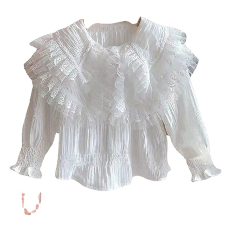 Girls' Shirt Children's Spring and Autumn Clothes Korean Style Western Style White Lace Shirt with Large Lapel for Baby Long Sleeve Top