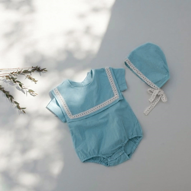 Picture of 2024 summer baby clothing large lapel cotton lace baby jumpsuit baby clothes triangle climbing suit hat