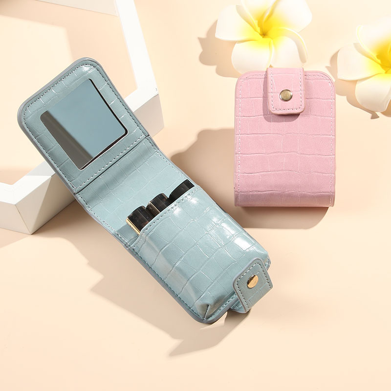 Simple PU Leather Crocodile Pattern South Korea Mouth Red Bag Storage small size Portable Carry-on Makeup Lip Paste Bag with Mirror