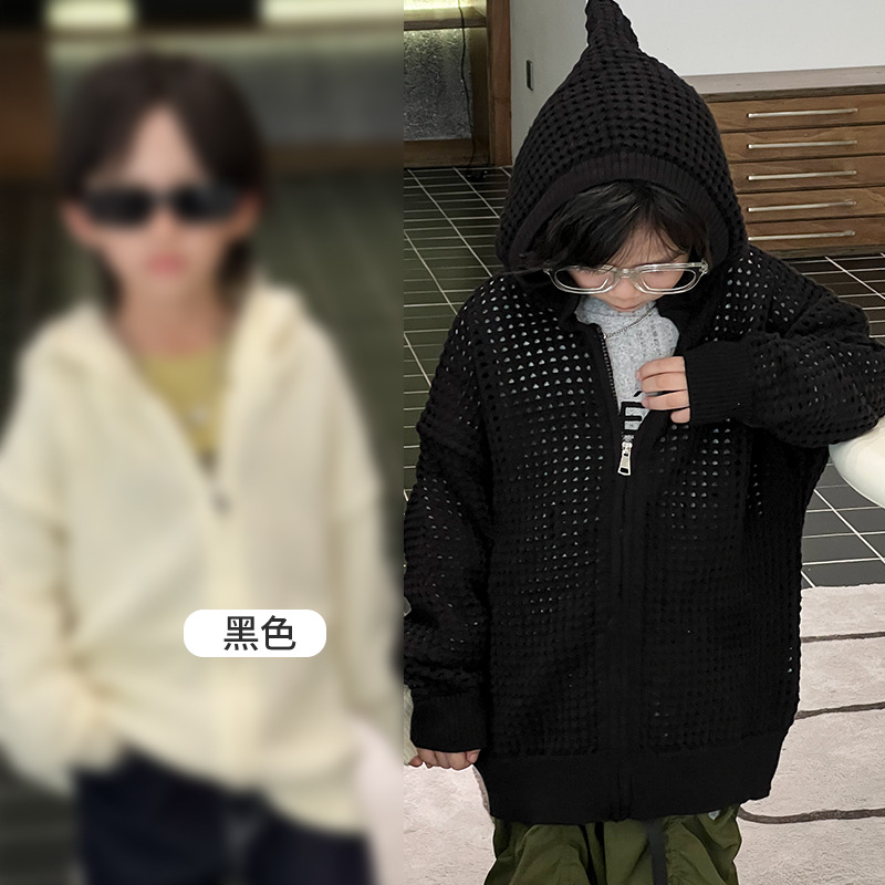Picture of Children's Cut Out Knitted Cardigan Spring Korean Fashion Medium and Large Kidsren's Hooded Zipper Shirt Boys Pure Color Mesh Jacket