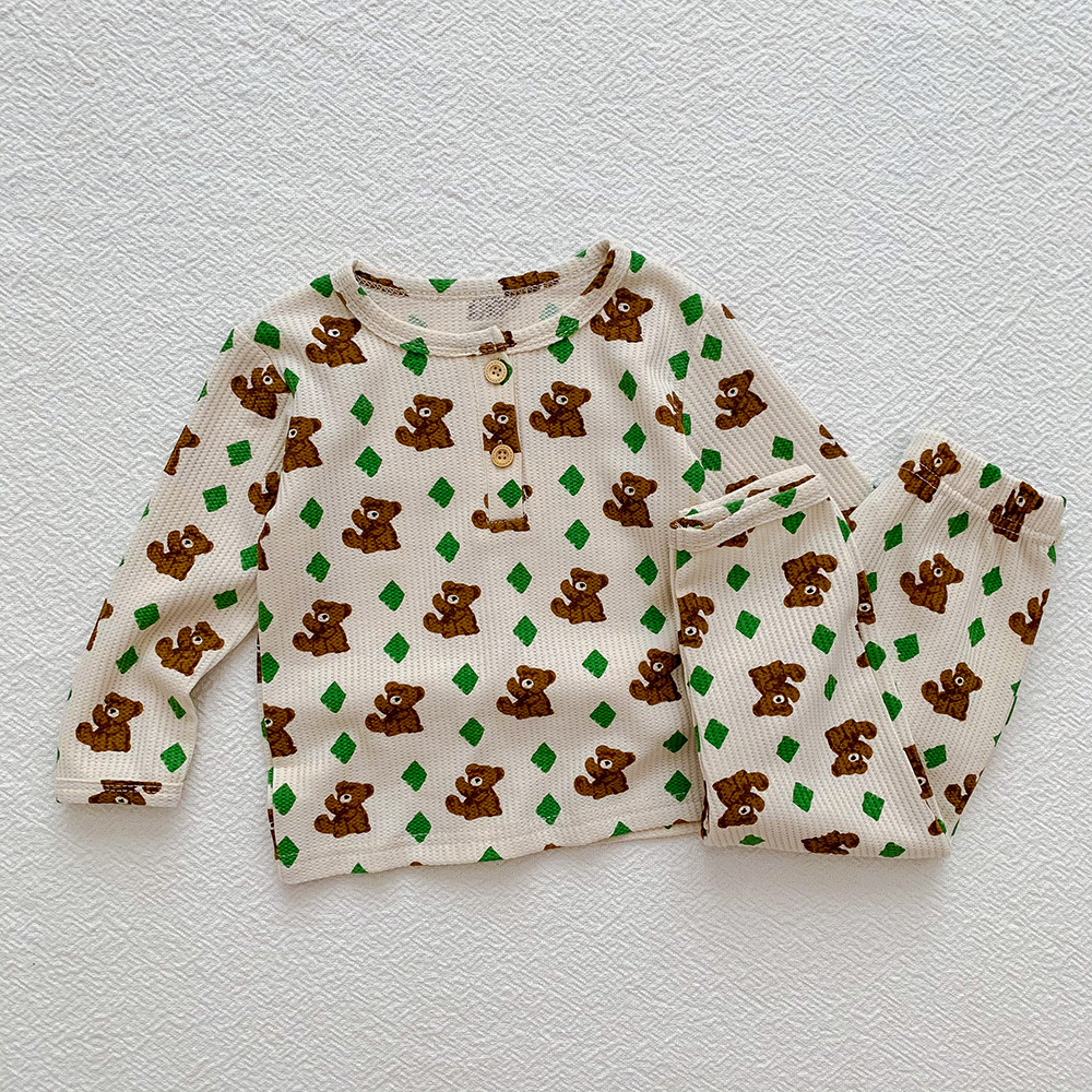 Picture of Children's Pajamas Girls' Home Clothes Boys' Cartoon Pure Cotton Waffle Suit Korean peekaboo Sleepsuit