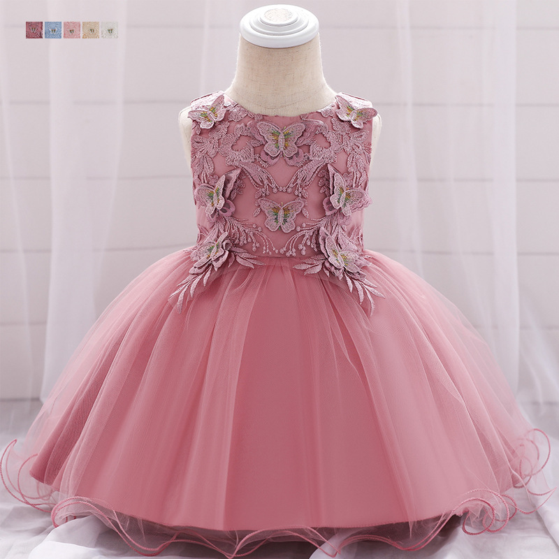 2024 cross-border one-year-old dress baby princess dress girl's full moon dress butterfly embroidered cotton-lined pettiskirt