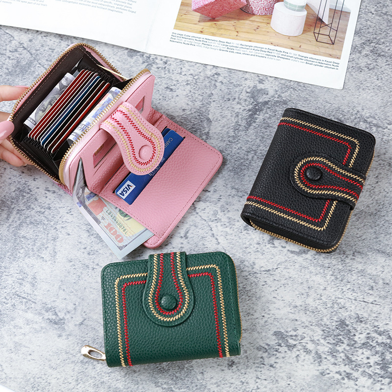 Picture of New Korean Women's Short Bag Zipper Buckle Wallet Lychee Embroidered Solid Color Coin Purse ID Card Bag