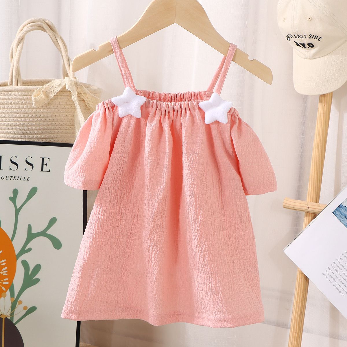 Picture of Girls' short-sleeved T-shirt 2024 new summer baby girls' off-shoulder strap fashionable western style top for infants and children