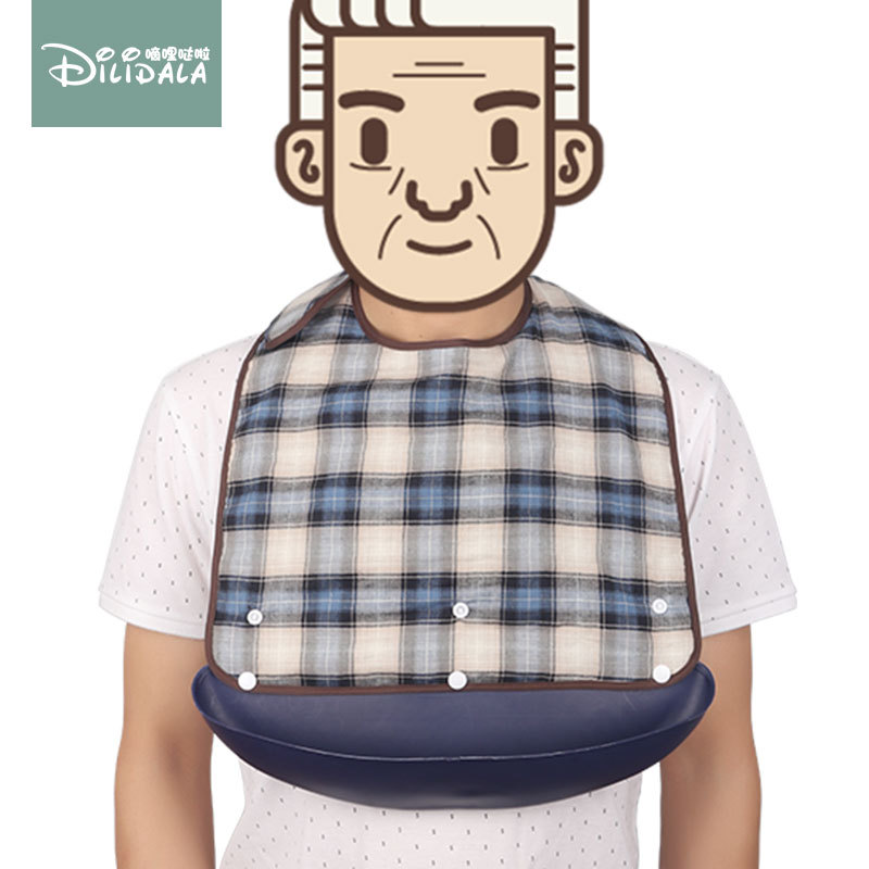 Picture of Adult Pure Cotton Plaid Bib Dining Bib Adult Double-Sided Food Bucket Elderly Adult Slippery Bucket Waterproof