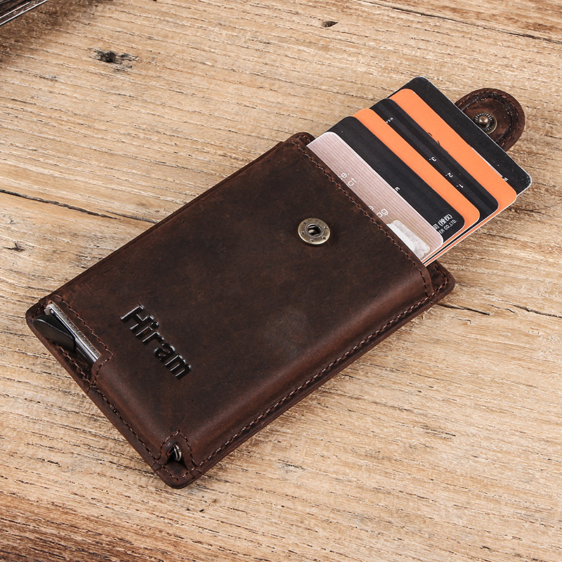 Factory direct sales card case crazy horse leather automatic bank card anti-theft zipper buckle coin purse aluminum alloy card case