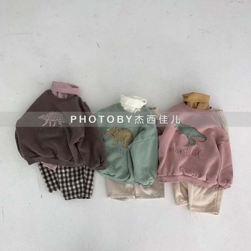 Picture of Infants and Young Children Korean Style Winter New Top for Boys and Girls Baby Western Style Cute Dinosaur fleece-lined Loose Casual Sweatshirt