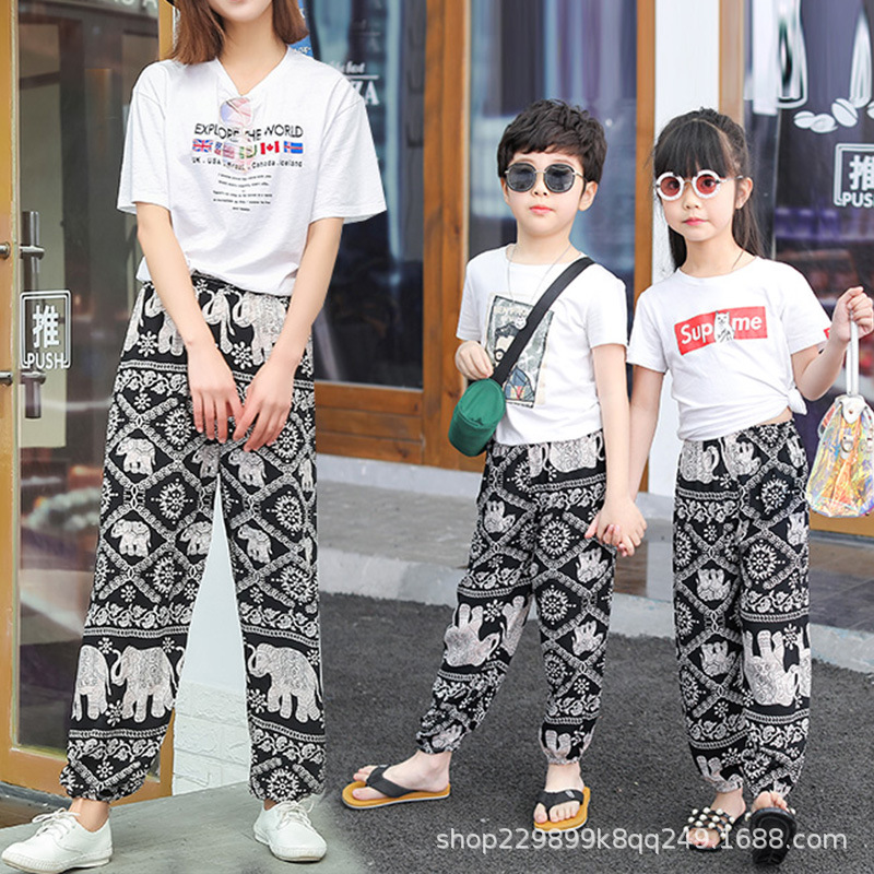 Picture of Parent-Child Bloomers Boys' Beach Pants Girls' Thin Anti-mosquito Pants Comfortable Ice Silk Large Children's Cotton Silk Trousers