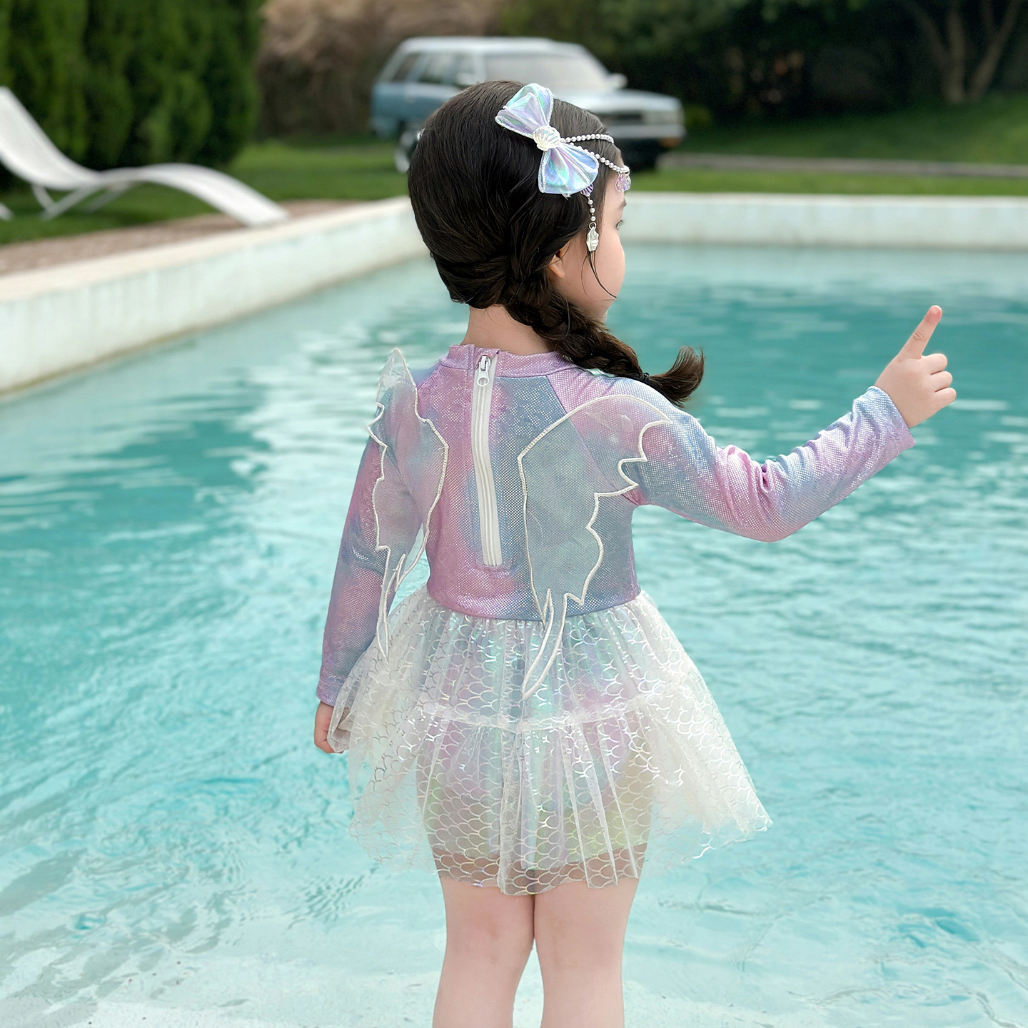 Picture of Mermaid Kidsren's Swimsuit Girl Fashionable Winged Princess One-Piece Swimsuit Long-Sleeved Sun Protection Swimsuit Summer