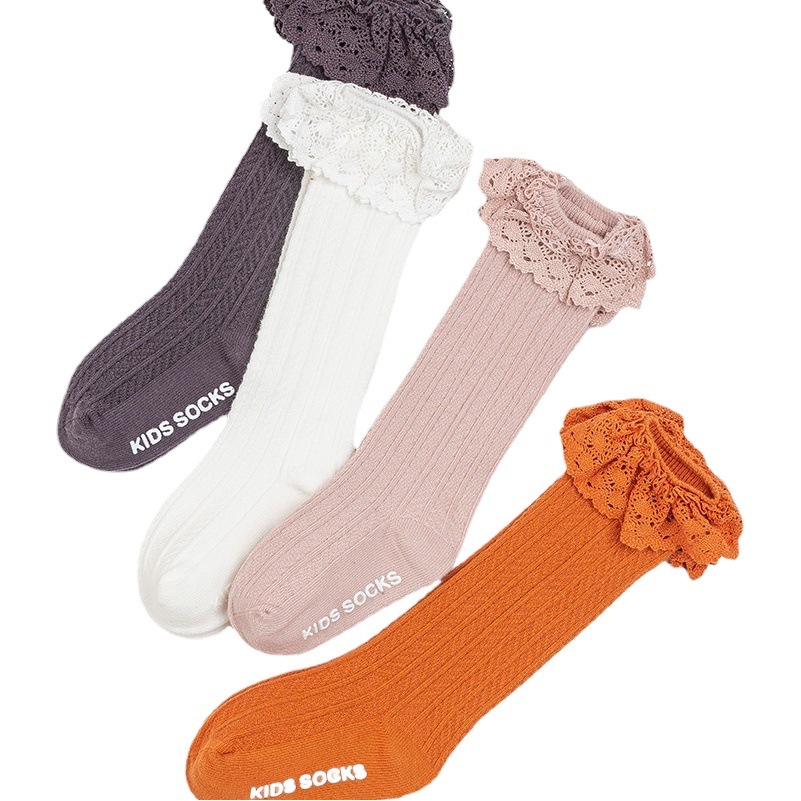 Boneless Girls' Mid-tube Socks Spring and Autumn Korean Style Children's Lacy Socks Princess Baby Long-tube Baby High-tube Non-slip Socks