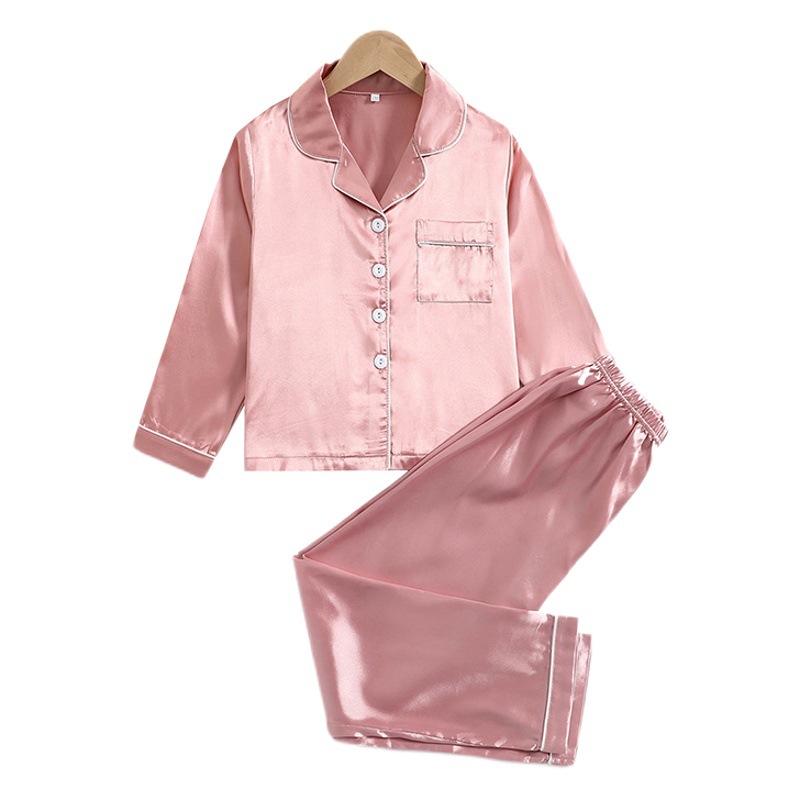 Solid Color Long-sleeved Children's Pajamas suit Satin Silk Middle and Big Children's Girls' Thin Ice Silk Home Clothes Two-piece Set