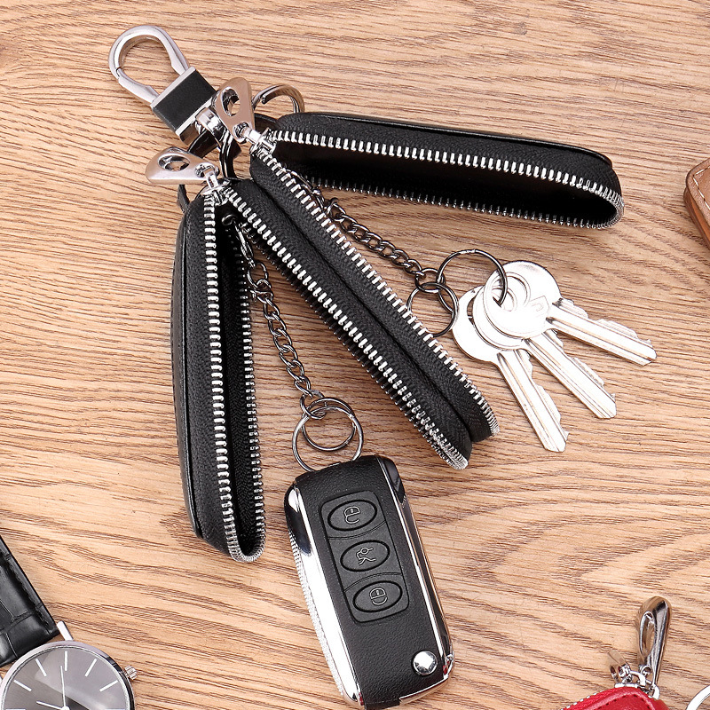 Picture of Car Key Bag Men's Cowhide Double Zipper Women's Large Capacity Waist Padlock Key Bag Can Be Added with Logo