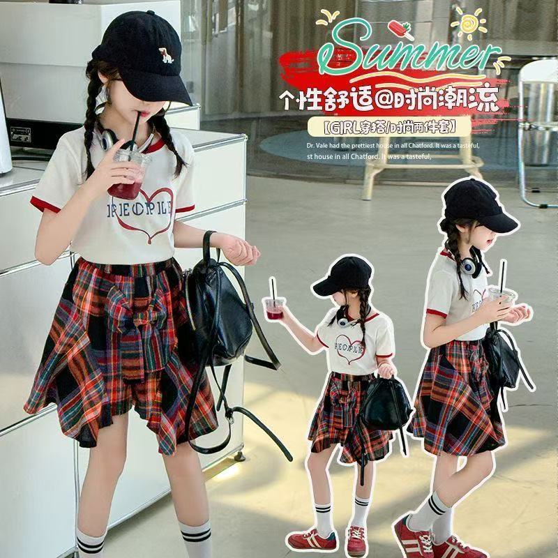 Girls Suit Summer 2025 New Style Kidsren's Fashionable Summer Dress Korean Style Casual Short-Sleeved Two-Piece Plaid Skirt