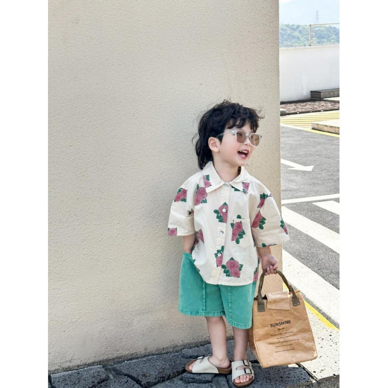 Children's Shirt 2024 Children's Cool Summer Clothing Korean Style Foreign Style Baby's Top Handsome Rose Full Print Boy's Shirt Trendy
