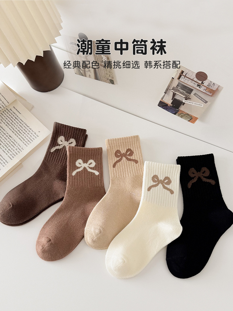 Picture of Girls Socks Autumn and Winter New Miu Lolita Mid-length Socks Girls Princess Bow brown Vintage Cotton Socks