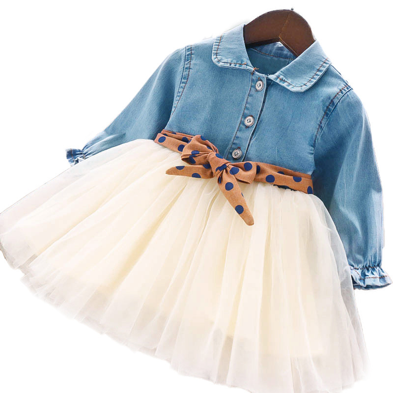 Picture of Autumn New Korean Style Girls' Dress Small and Medium-sized Children's Fashionable Long-sleeved Denim Vessel Skirt Polka Dot Belt Skirt 2208