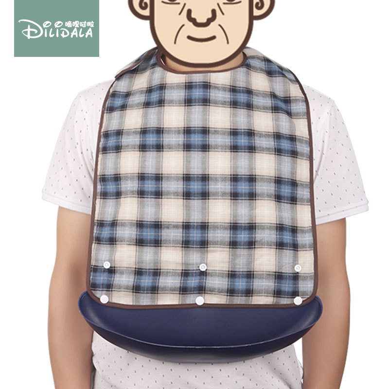 Picture of Adult Pure Cotton Plaid Bib Dining Bib Adult Double-Sided Food Bucket Elderly Adult Slippery Bucket Waterproof