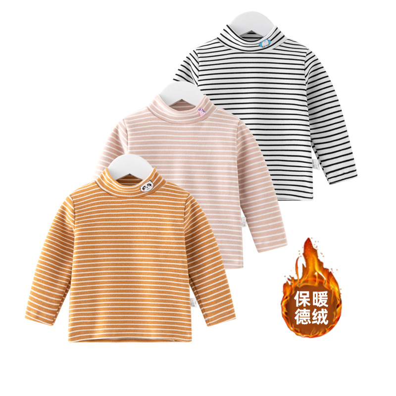 Picture of Children's Velvet Fever Boy's Half-high Collar T-shirt Autumn and Winter Top All-match Base Girl Baby Striped Top Clothes