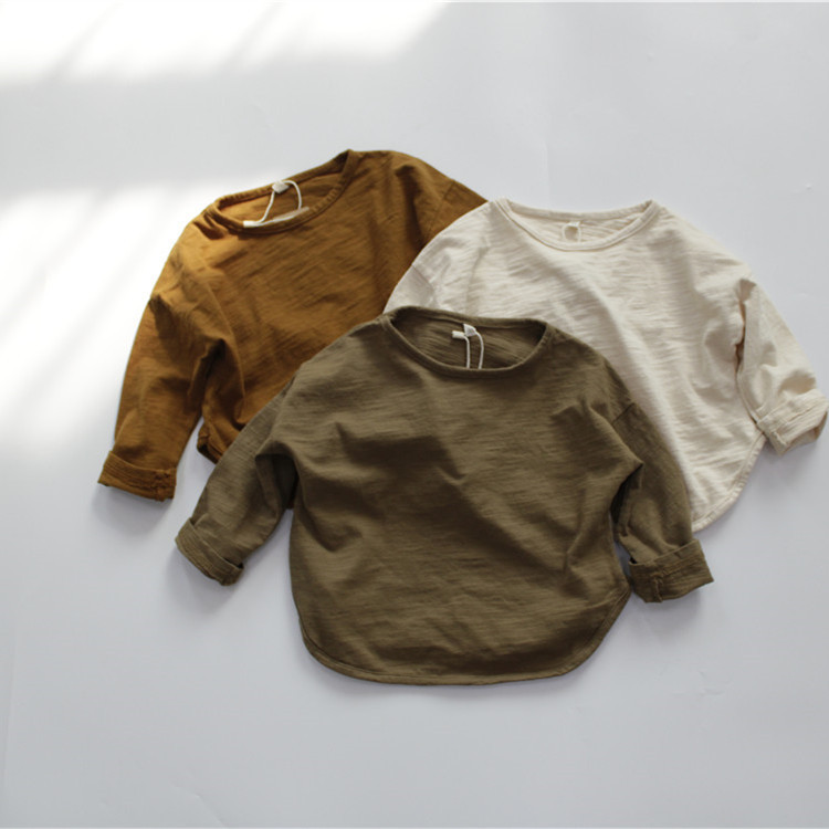 New Spring Kidsren's T-Shirt Class a Boys' Bottoming Shirt Long-Sleeved Korean Style Round Neck Pure Color Girls' Top Bamboo Cotton