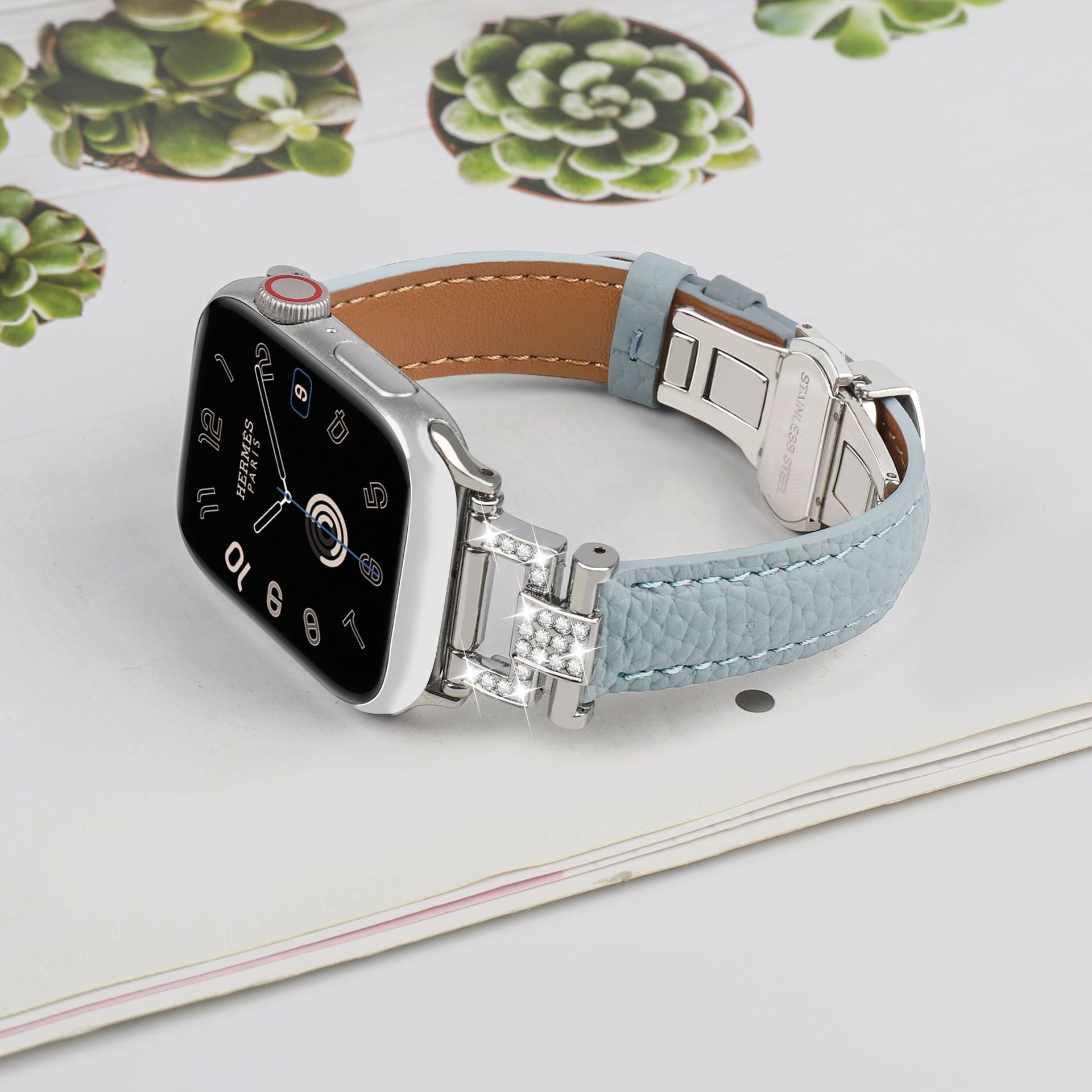 Picture of Suitable for Apple Watch strap Y head appleiwatch98 small waist lychee pattern leather butterfly buckle strap