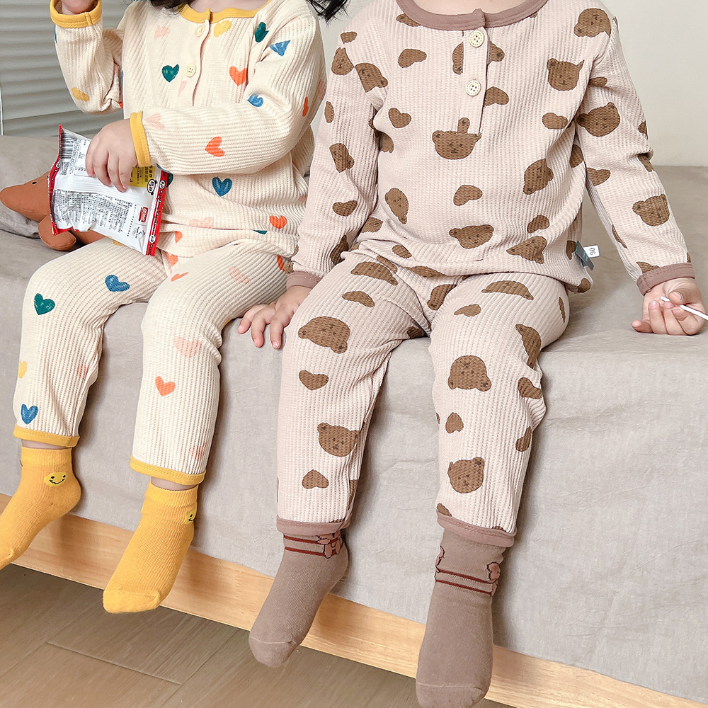Picture of Children's Pajamas Girls' Home Clothes Boys' Cartoon Pure Cotton Waffle Suit Korean peekaboo Sleepsuit