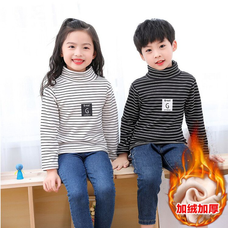 Picture of Children's Striped Fleece-Lined Thickened Base Shirt Turtleneck Top Middle Collar Single-Piece Half-High Collar Long-Sleeved T-Shirt for Boys and Girls
