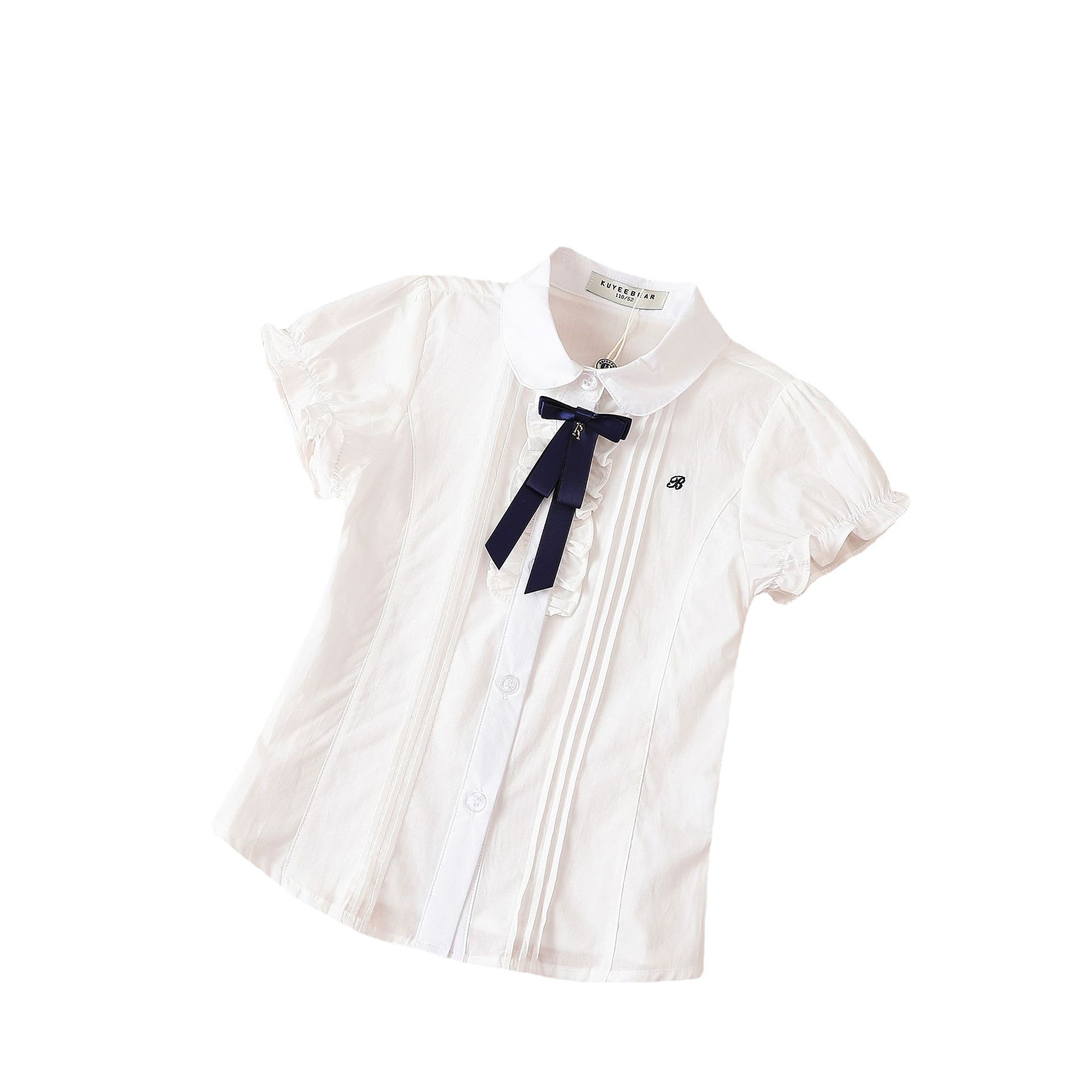 Picture of Girls' Short-sleeved Shirt Spot Summer Korean Style Middle and Big Children's White Bow Pure Cotton Short-sleeved Lapel Children's Shirt