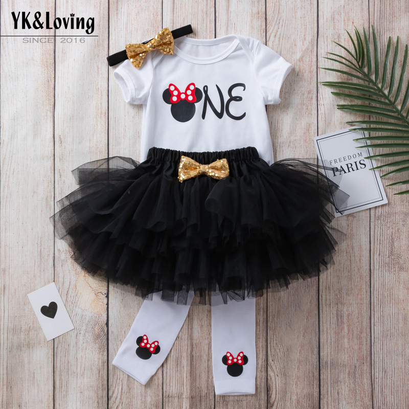 Picture of Cross-Border Children's Clothing Wholesale 4-Piece Set Baby Girl Birthday Set 1-Shaped Short-Sleeved Harem Skirt Socks Set Hair Accessories Set