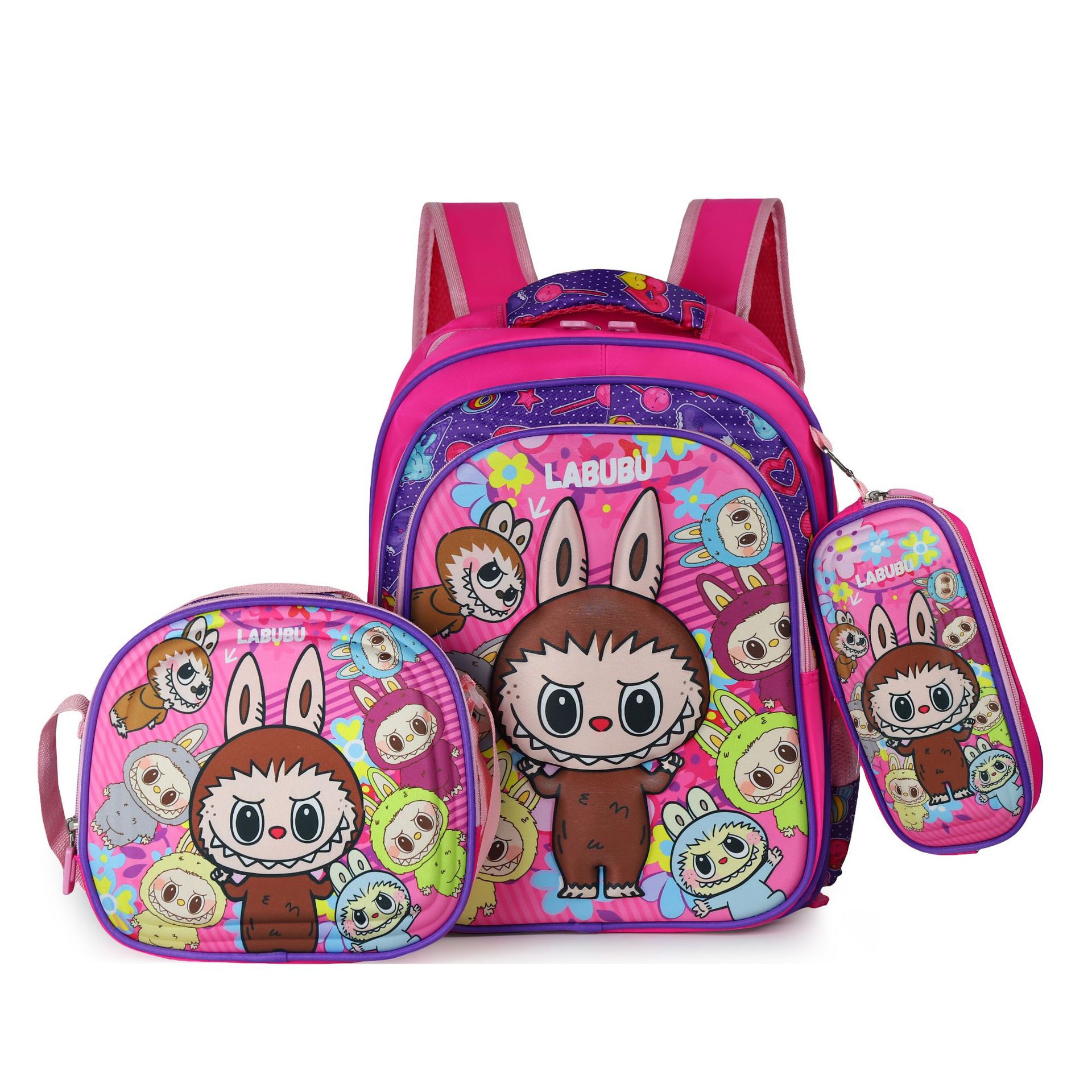 Picture of Cross-border three-piece children's schoolbag 16-inch sleeved pull rod large capacity 3D hard shell labubu kindergarten schoolbag