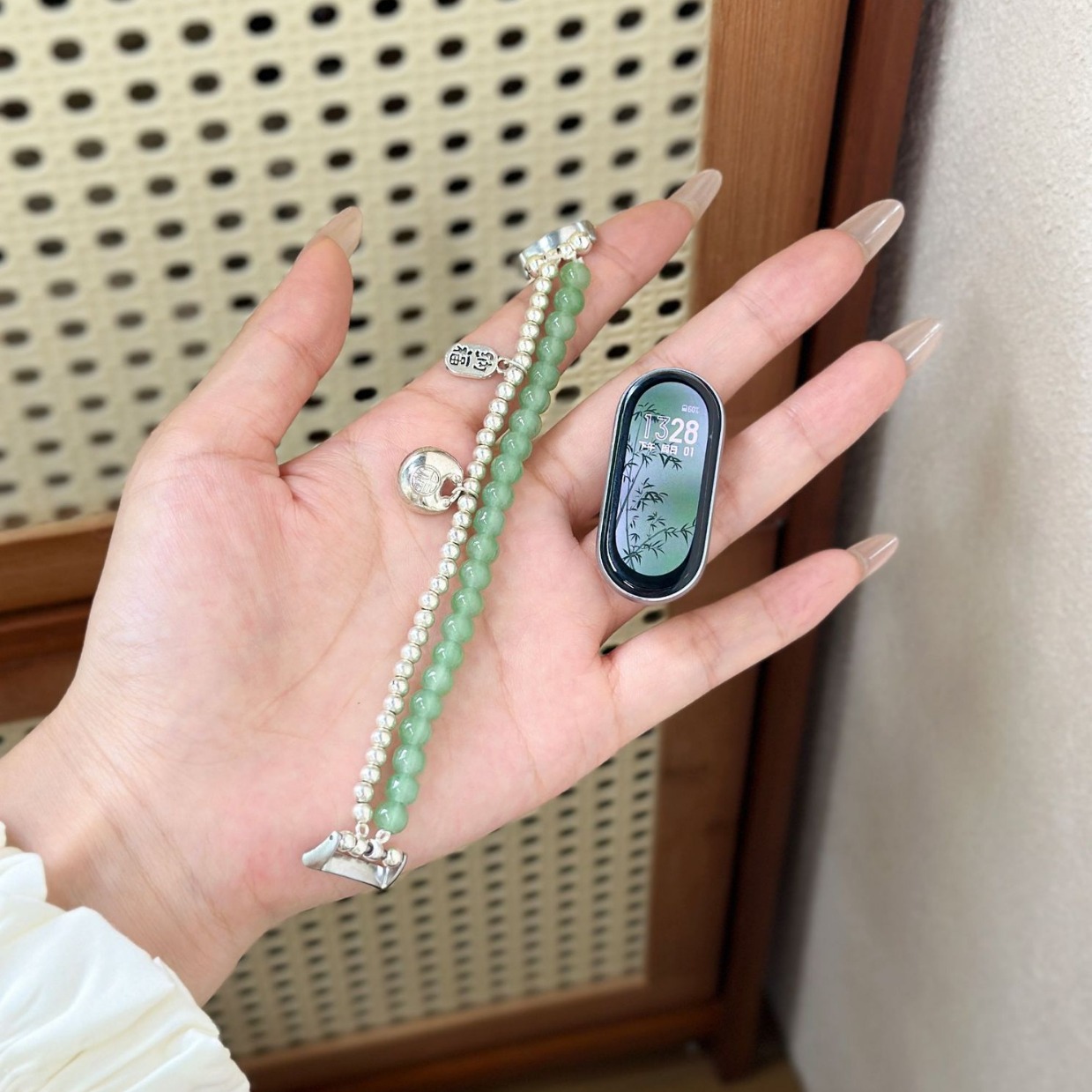 For mi band 9/8 strap 7 niche 3/4/5/6nfc version green dong bell beaded high sense elastic rope women