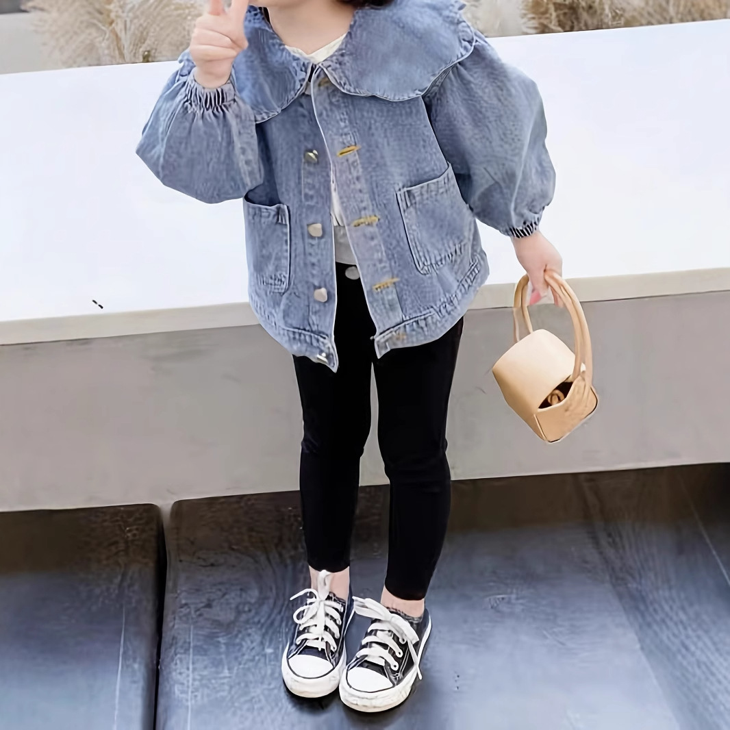 Spring and Autumn Top Girls Sweet Denim Cardigan Baby Korean Lace Collar Jacket New