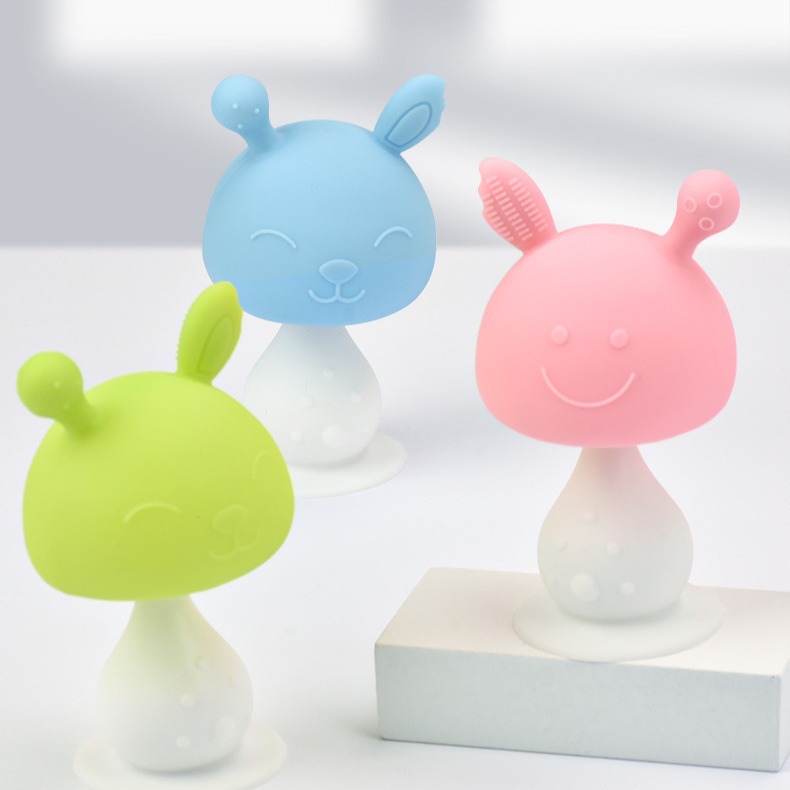 [] Small Mushroom Head Teether Baby Chewing Gum Fully Soft Food Grade Silicone Molar Stick Toy Rattle Treasure