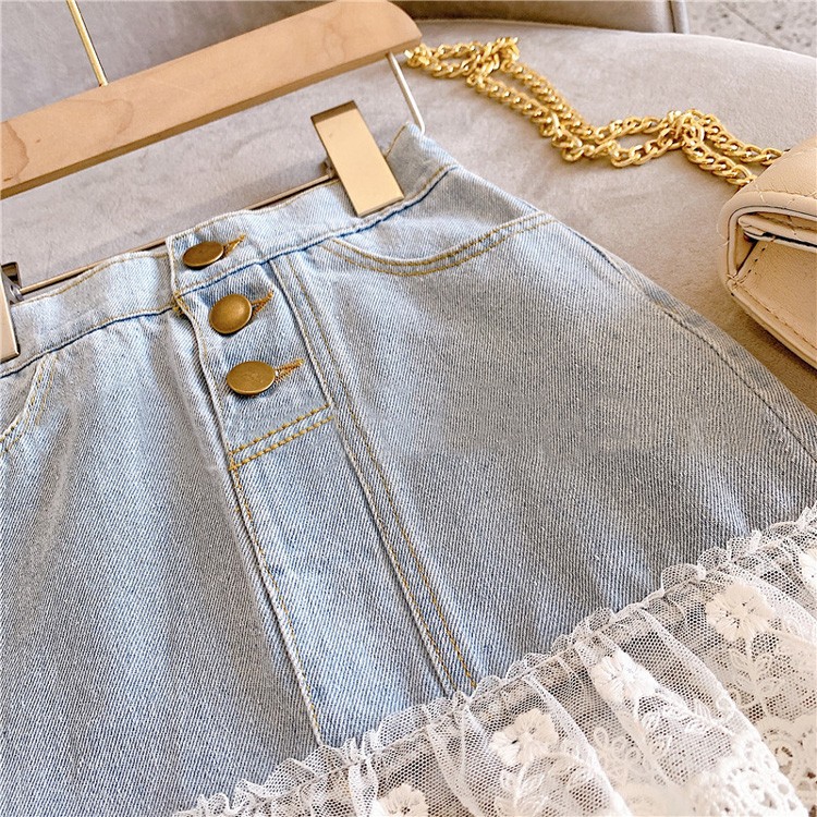 Picture of Girls denim skirt Korean denim stitching lace skirt denim skirt spot a generation of hair