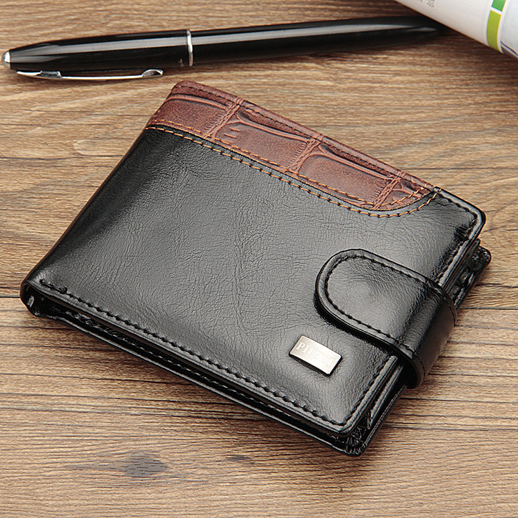 Picture of Factory direct men's small card bag European and American buckle short money clip stitching coin purse horizontal leather wallet men's