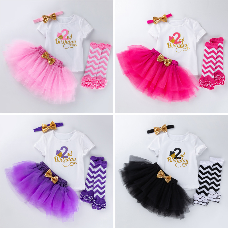 Picture of Cross-border Amazon European and American baby girls' birthday clothes 4-piece letter short-sleeved T-shirt princess dress socks suit