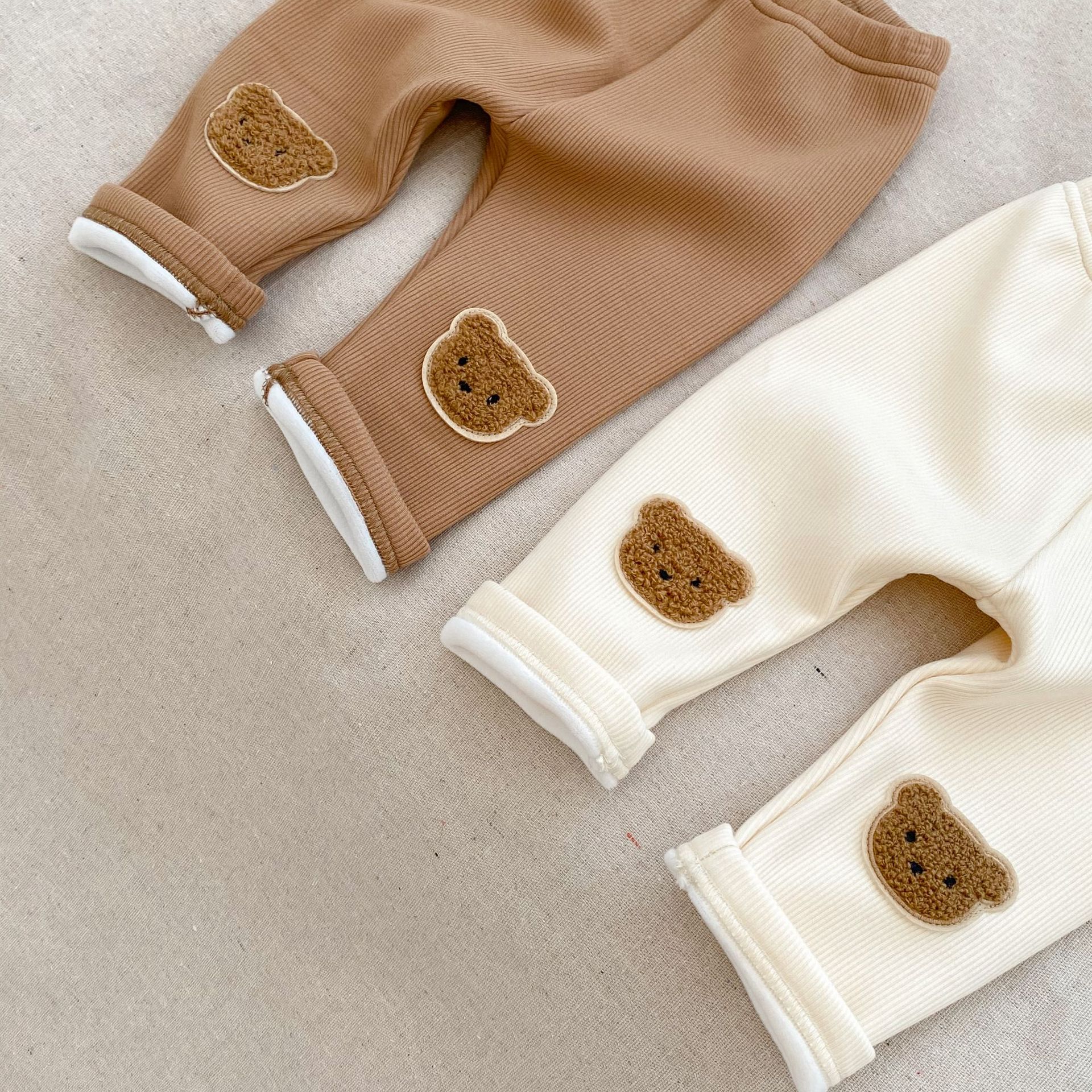 Picture of Winter new boys and girls baby fleece-lined leggings comfortable cute bear three-dimensional embroidered casual warm pants