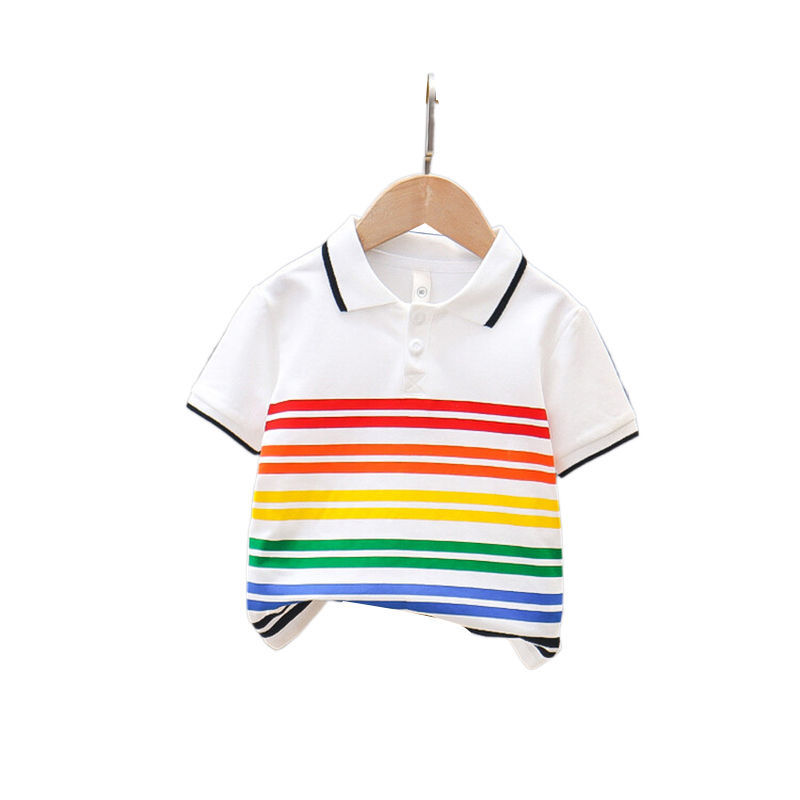 Picture of Rainbow Strip Paul Shirt White Simple Fashion Comfortable All-match Summer