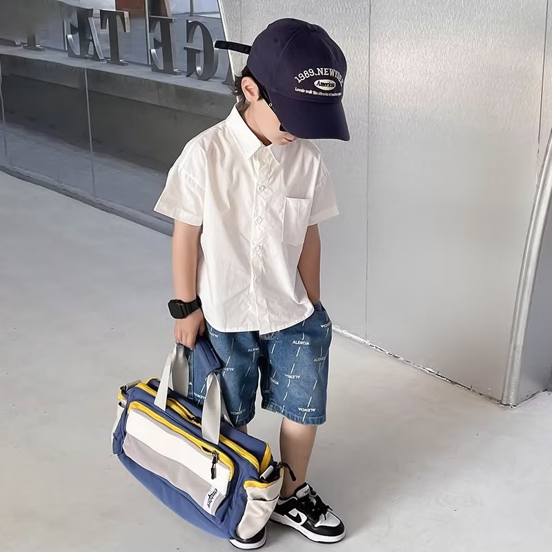 2024 boys' shirt summer short-sleeved T-shirt middle and big children's shirt thin handsome trendy cool boys' all-match printed children's clothing