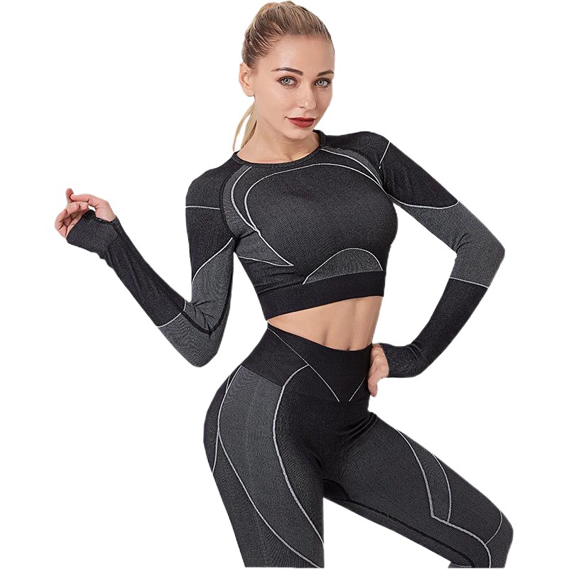 Cross-Border Hot-Selling Ins Style Outdoor Sports Fitness Suit with Exposed Navel, Long-Sleeved Buttocks, High-Waisted Fitness Yoga Pants