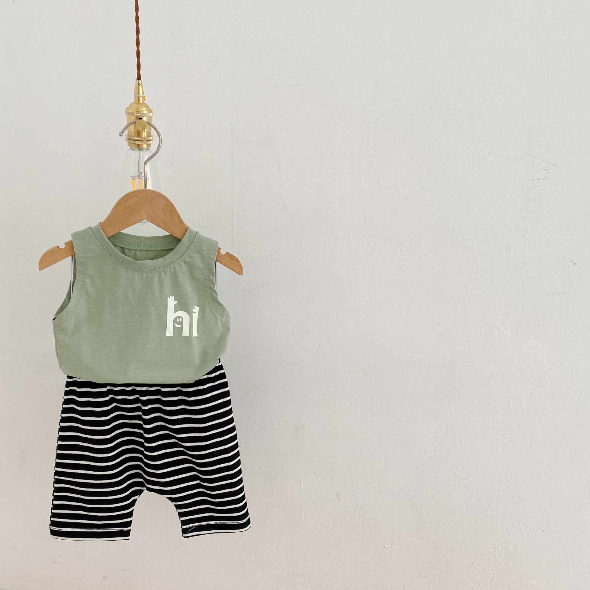 Picture of Ins Children's Clothing 2025 Summer Style Baby Male and Female Baby 0-2 Years Old Hi Printed Vest + Stripesd Shorts Cotton Suit