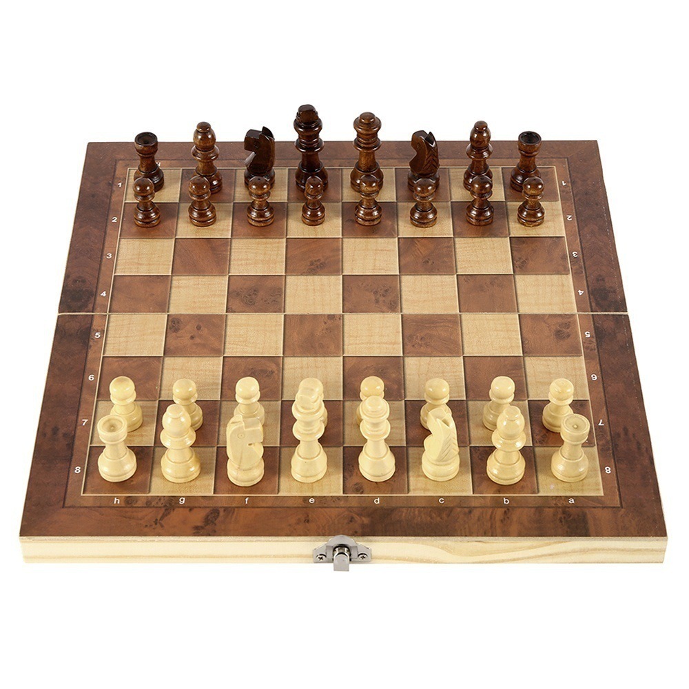 Picture of 3 in 1 wooden foldable chess natural wood lacquer game chess multi-function black and white chess Chess